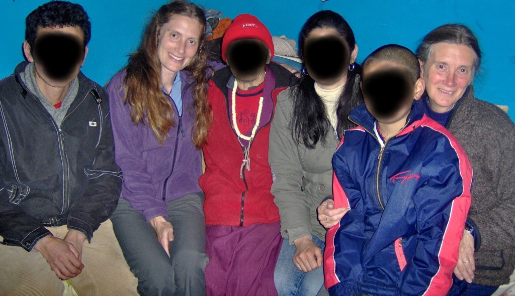 Liesel and Rosemarie with a Tibetan refugee family that had recently escaped to India.